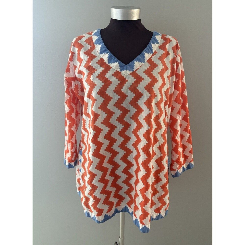 Gretchen Scott Tunic Top Sz XL Orange White Chevron Bright Tropical Cotton